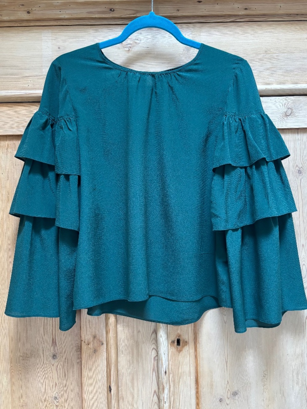 Madewell Green Tiered Ruffle Sleeve Silk Top Size S